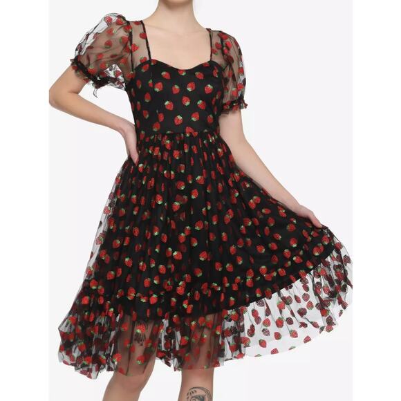 Hot Topic Dresses & Skirts - Hot Topic Black Dress with Red Strawberry Pattern